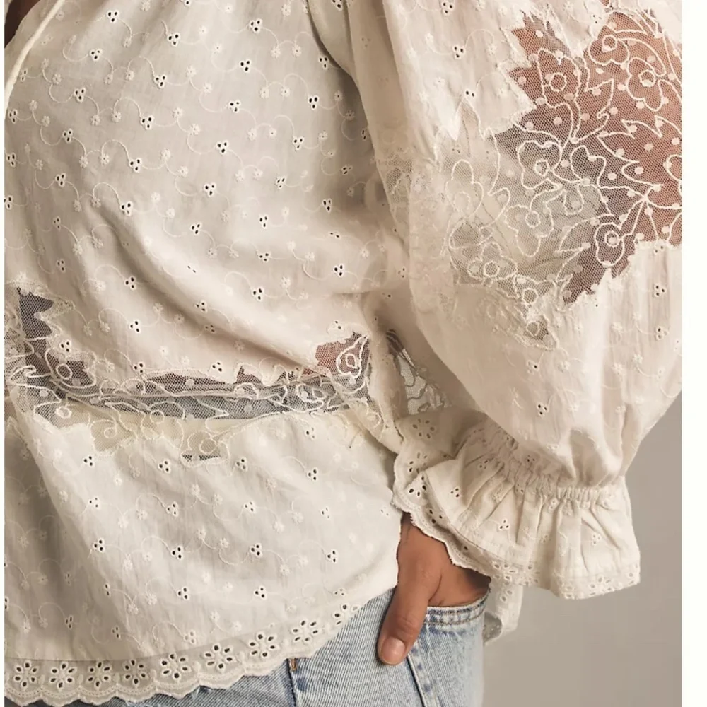 Anthropologie White Eyelet Lace Button-Front Blouse